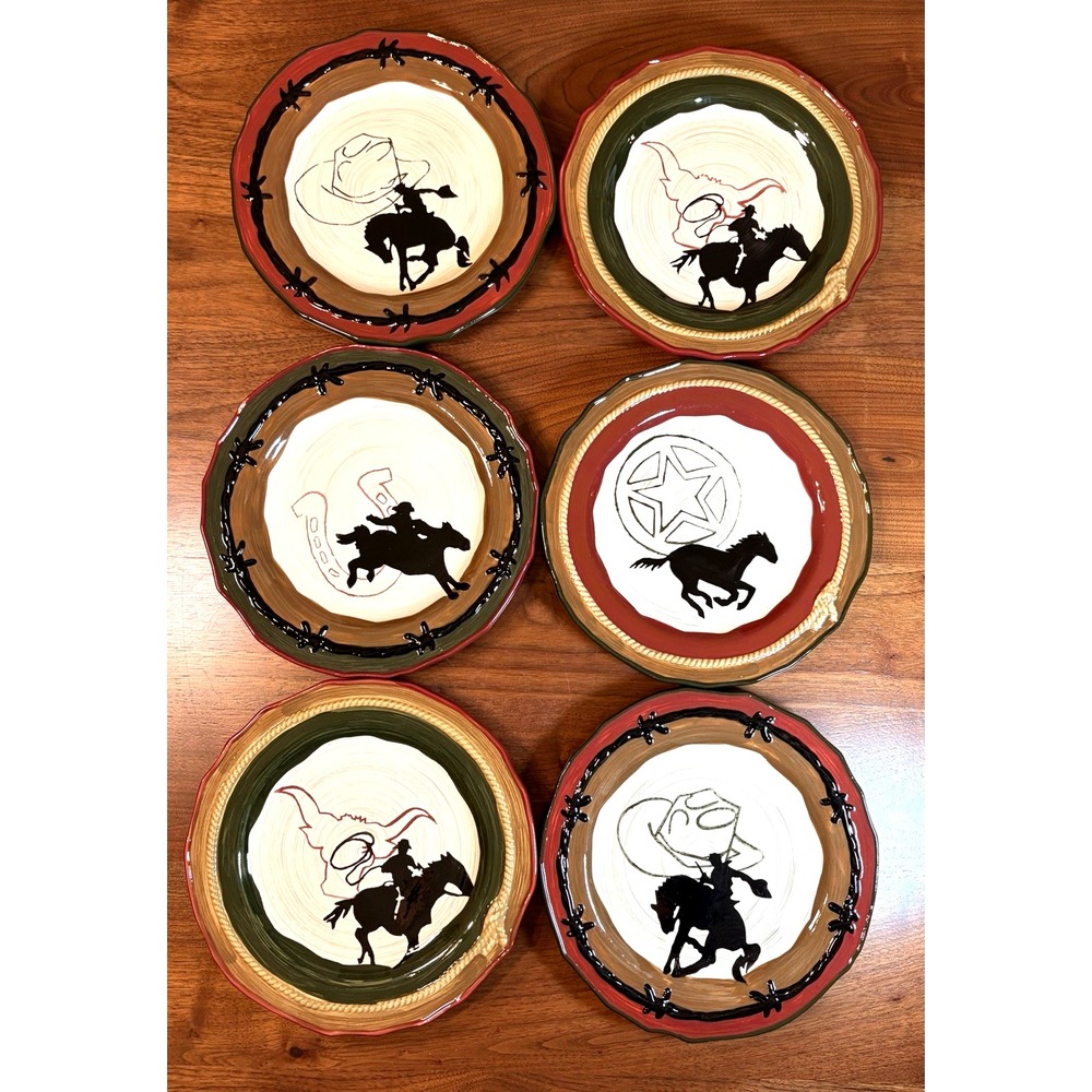 Sonoma Happy Trails Cowboy Salad Plates 8.75" Set of 6 Western Horses Ceramic